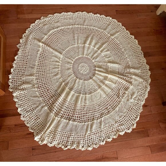 Handmade Round Crochet Lace Doily 56" Cream Cotton Home Decor - Picture 7 of 10